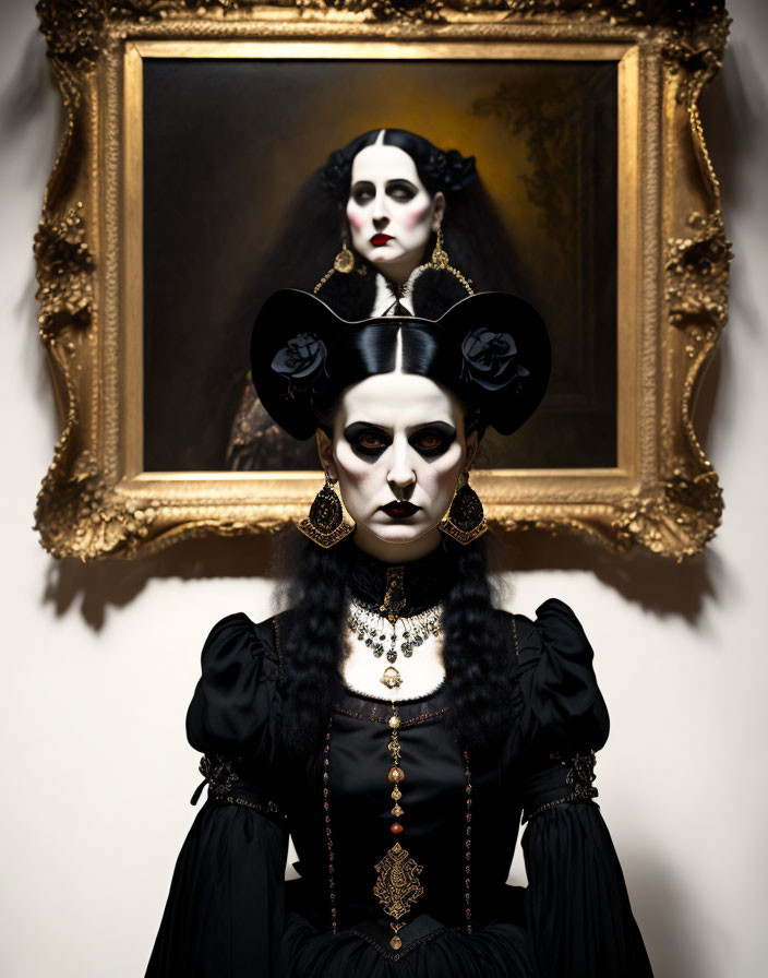 Gothic woman in dark attire mirroring portrait's style