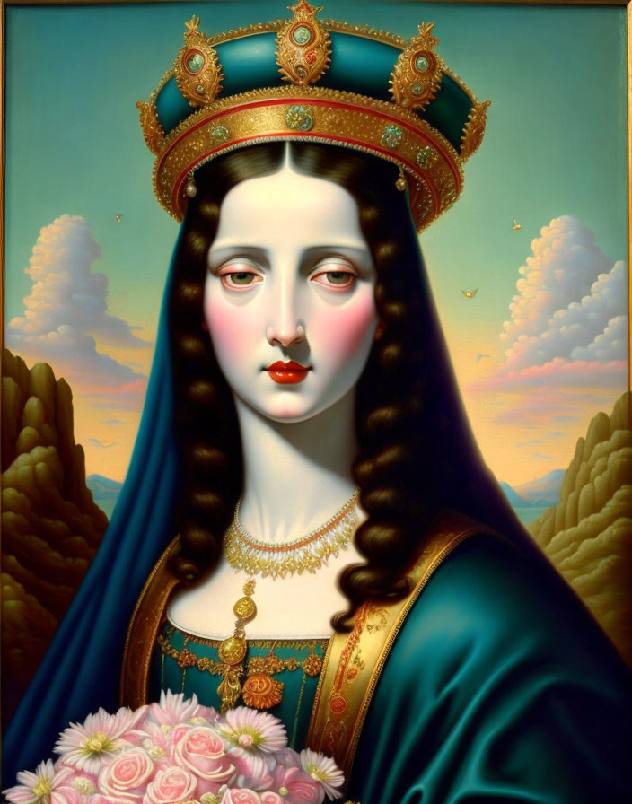 Surreal portrait of woman in blue robe with crown and roses against golden sky