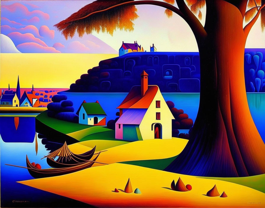 Colorful landscape painting with tree, houses, boat, and whimsical clouds.