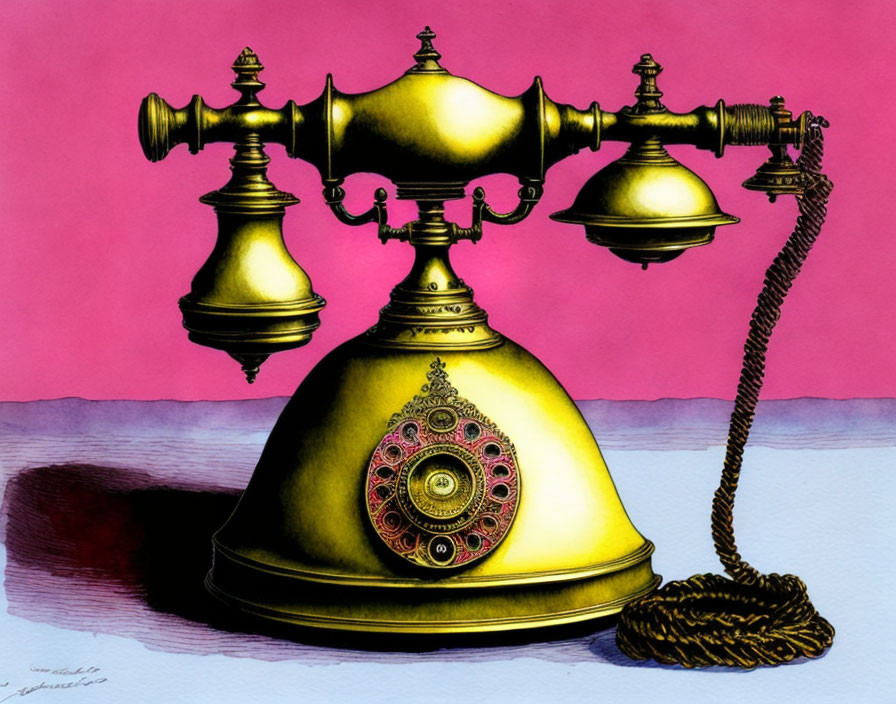 Surreal antique telephone with bell-like receivers on pink horizon