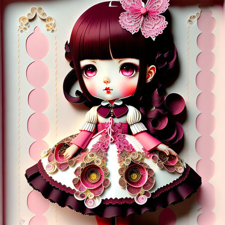 Detailed illustration of doll-like girl with large eyes, burgundy hair, lace dress, and bow.