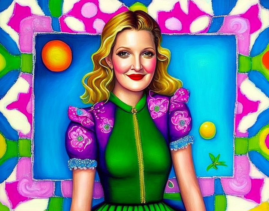 Vibrant cartoon-style portrait of a smiling woman in green dress