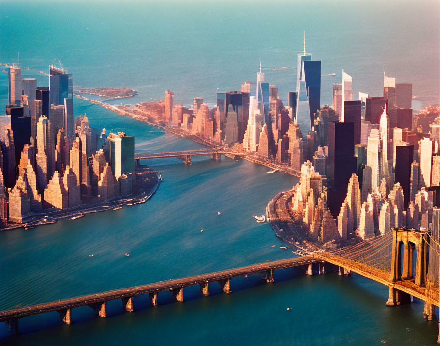 Sunlit city skyline with skyscrapers, river, bridge, and boats.