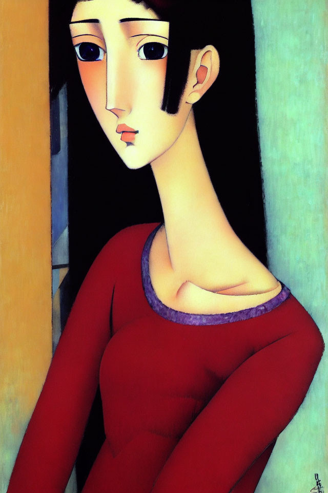 Stylized painting of person with elongated features in red top on yellow and blue background