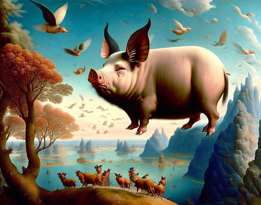 Surreal painting: giant flying pig, birds, deer, trees, water landscape