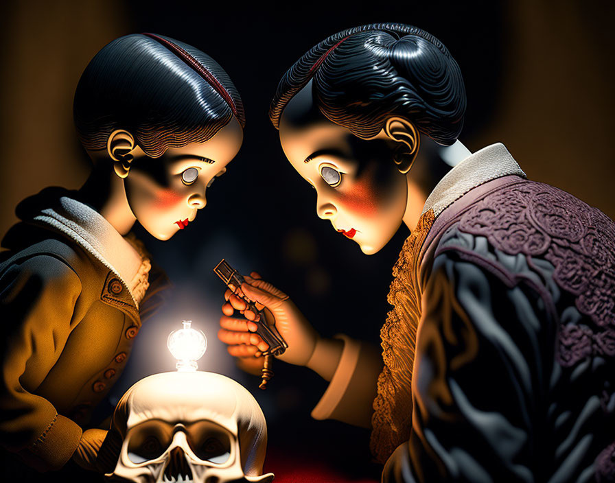 Vintage-styled dolls with solemn faces and glowing orb on skull in dark setting