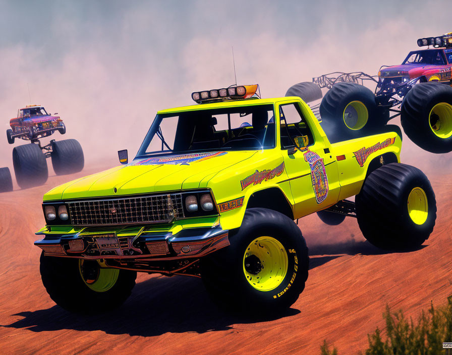 Yellow Monster Truck on Dusty Track with Other Trucks