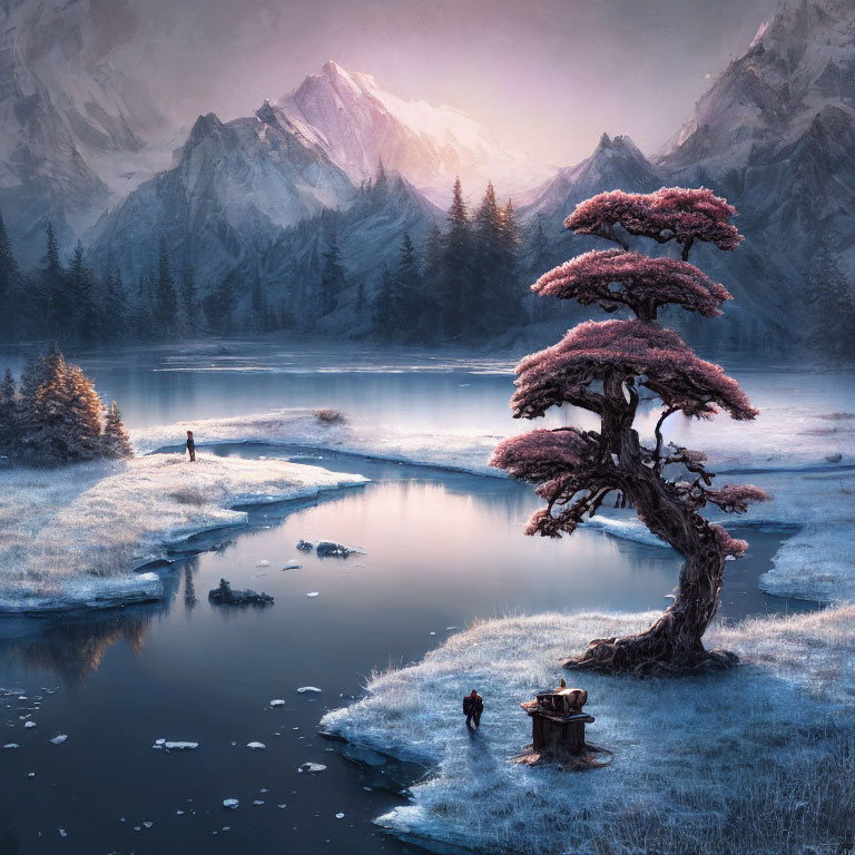 Tranquil landscape with lone figure, pink tree, boat, and snow-capped mountains