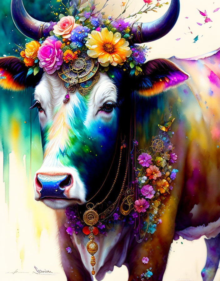 Vibrant painting of a cow with flowers and butterflies