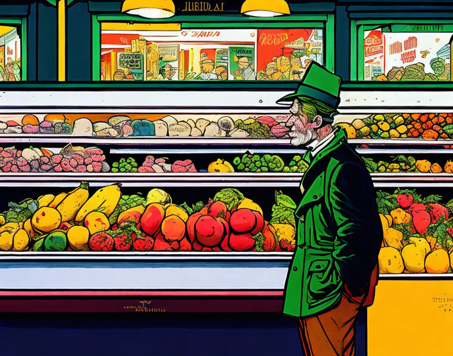 Colorful Illustration of Man in Green Top Hat and Coat at Market