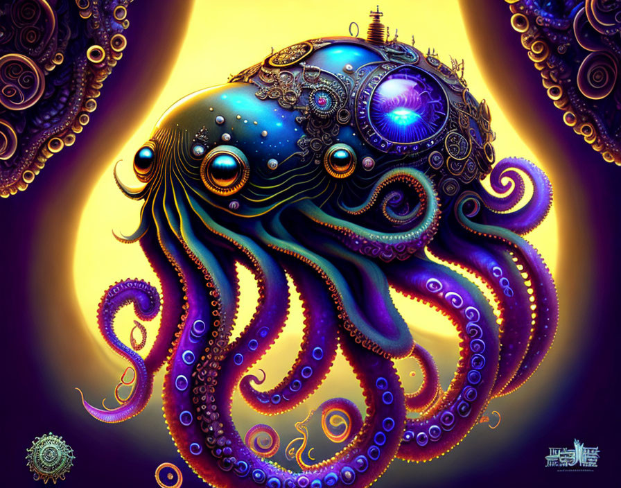 Colorful Mechanical Octopus Artwork on Purple and Gold Background