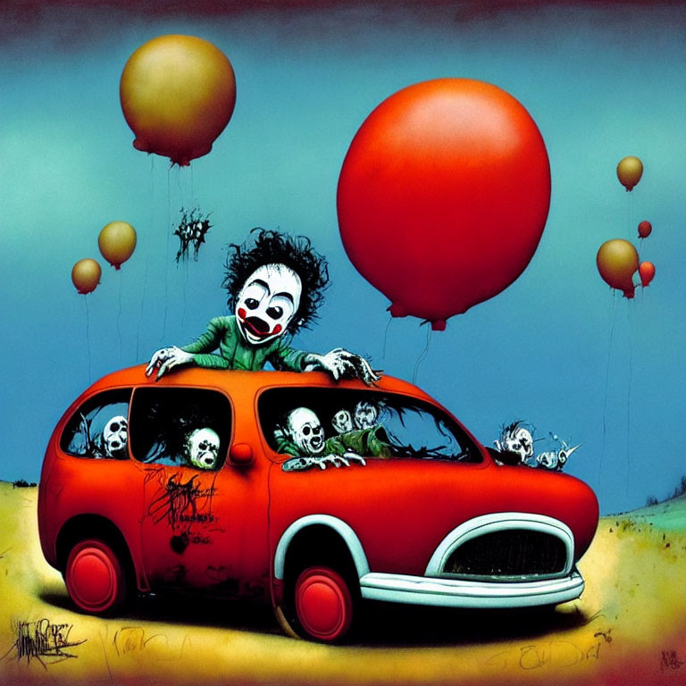 Creepy clown in red car surrounded by skulls and eerie balloons