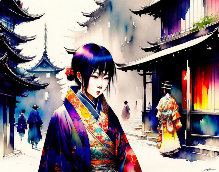 Illustration: Japanese woman in kimono with temple and people, serene ambiance