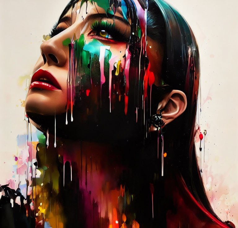 Vibrant painting of a woman's face with dripping paint effect