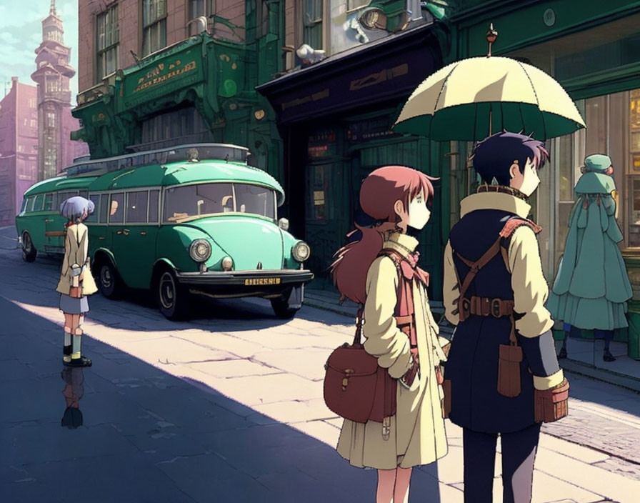 Animated young couple in vintage European city scene