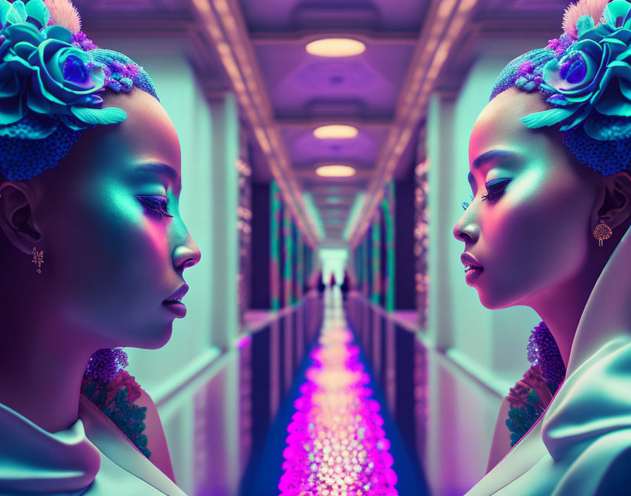 Symmetrical neon-lit corridor with two women in floral headpieces