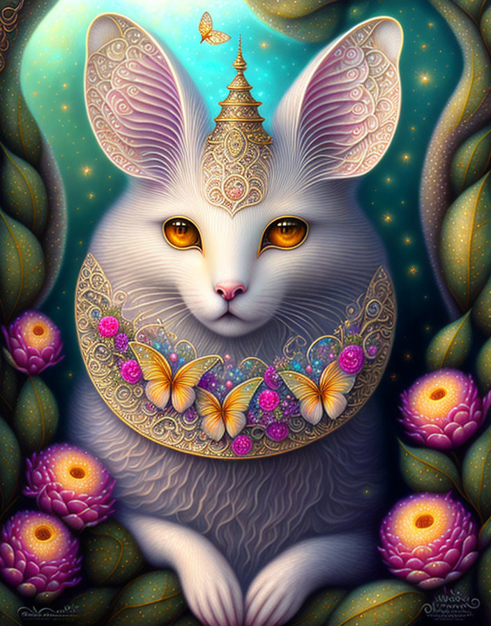 Mystical cat surrounded by butterflies and flowers