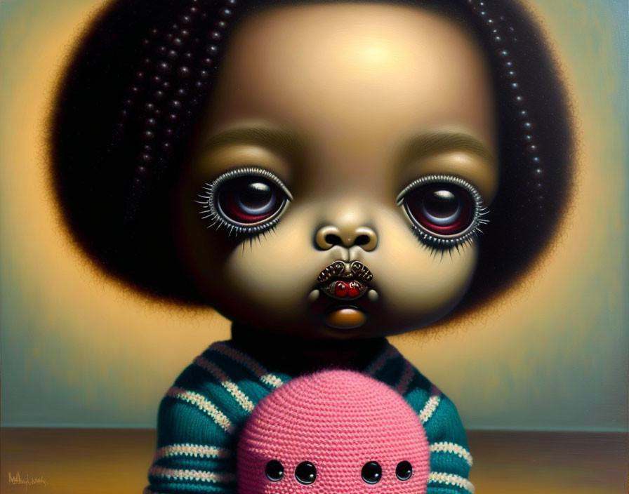 Illustrated character with oversized eyes, full lips, round afro hairstyle, striped sweater with pink accent