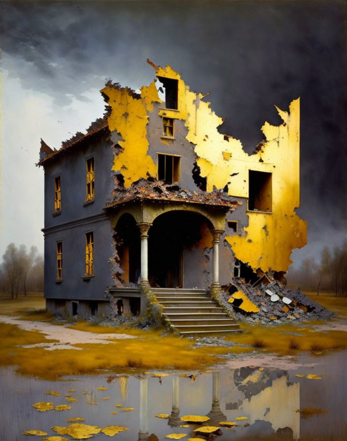 Surreal painting: Dilapidated two-story house peeling away, revealing dark interior.