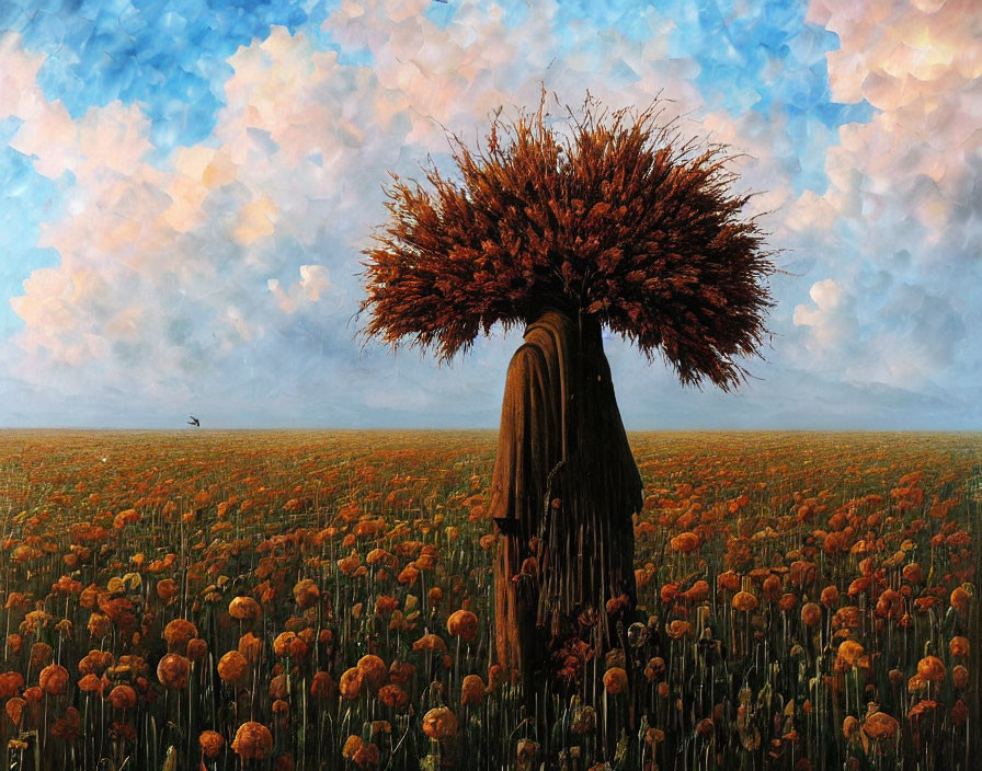 Surreal painting: figure with tree head in orange flower field