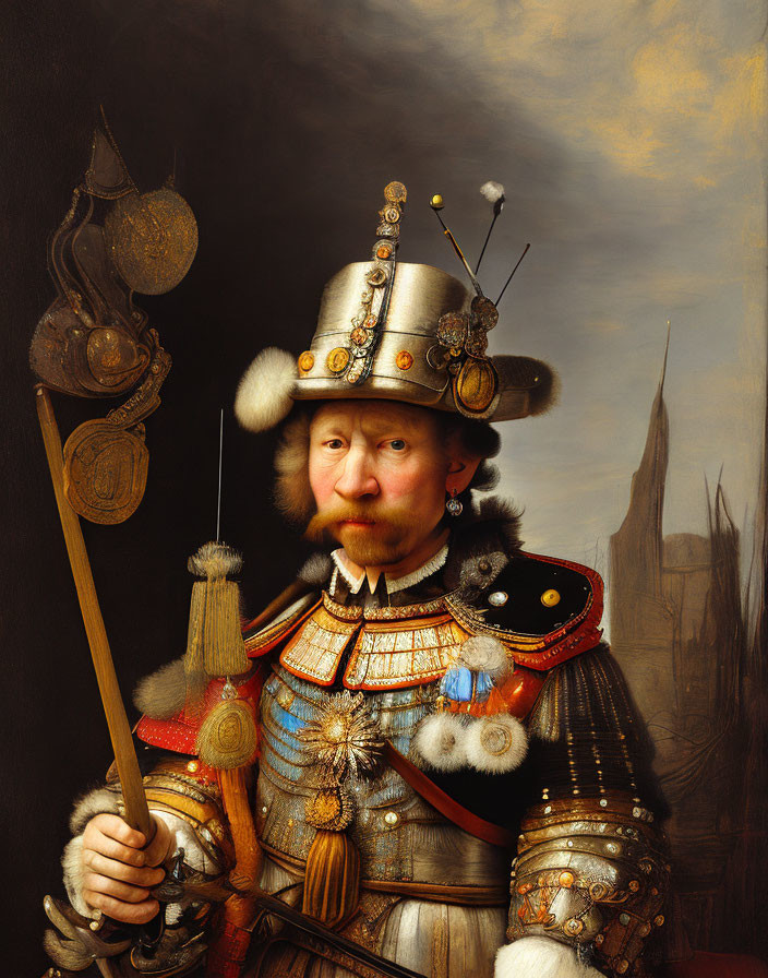 Man in Historical Armor with Staff and Cathedral Spire Background