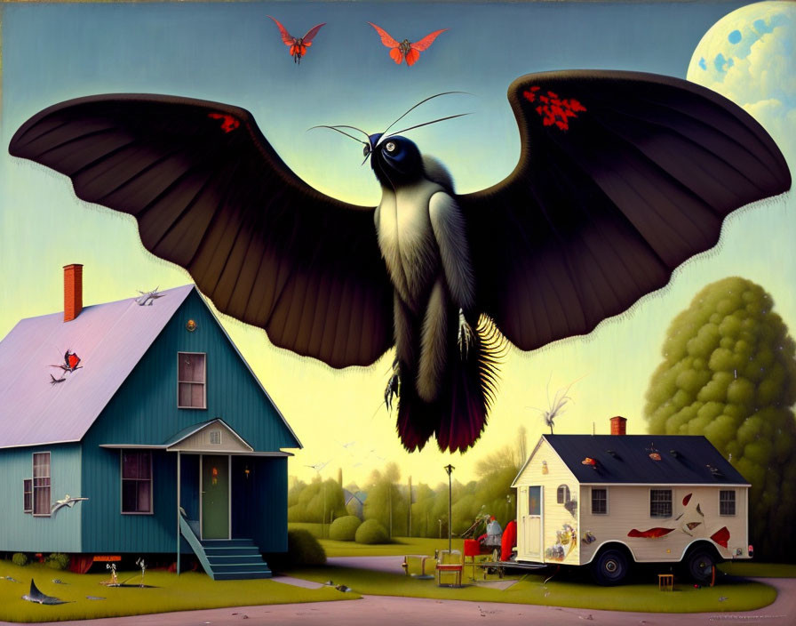 Surreal painting: Giant bird with moth-like features flying over suburban scene