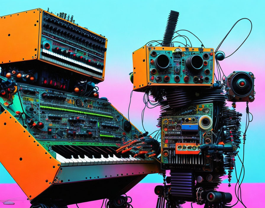 Whimsical robots made of musical equipment on vibrant pink and blue background