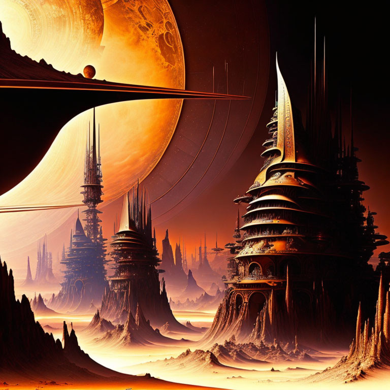 Futuristic sci-fi landscape with spire-like structures on rocky terrain