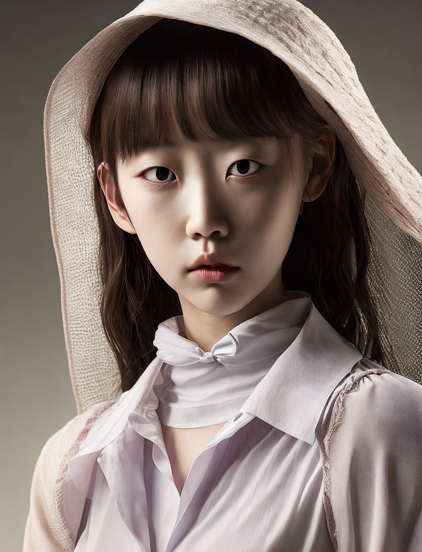 Young woman in white shirt, bow tie, and hat gazes solemnly.