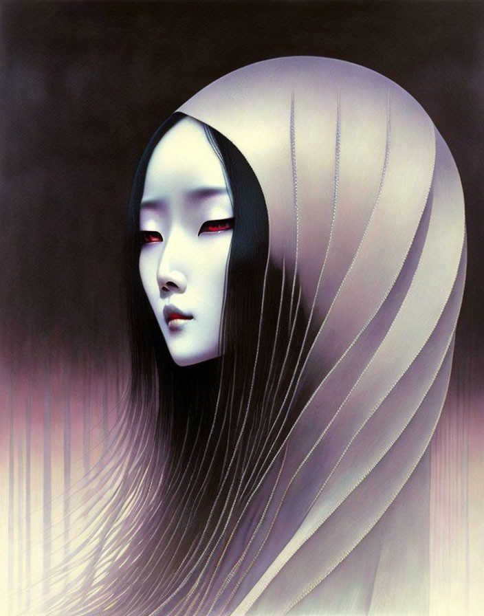 Surreal portrait of female figure with elongated head and red eyes