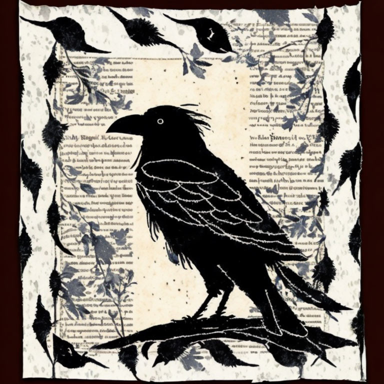 Crow silhouette on text background with bird shapes and feathers.