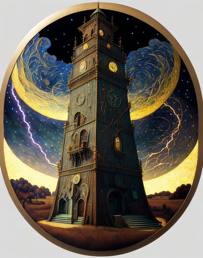 Fantastical painting: Grand clock tower in cosmic sky