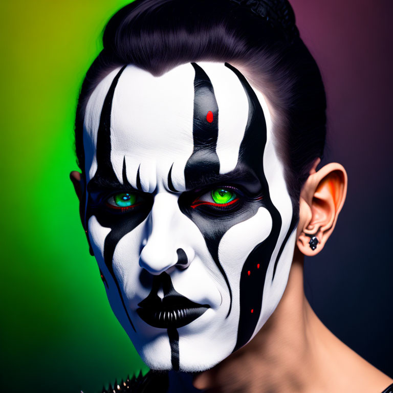 Dramatic black and white skull face paint with red and green accents on colorful background