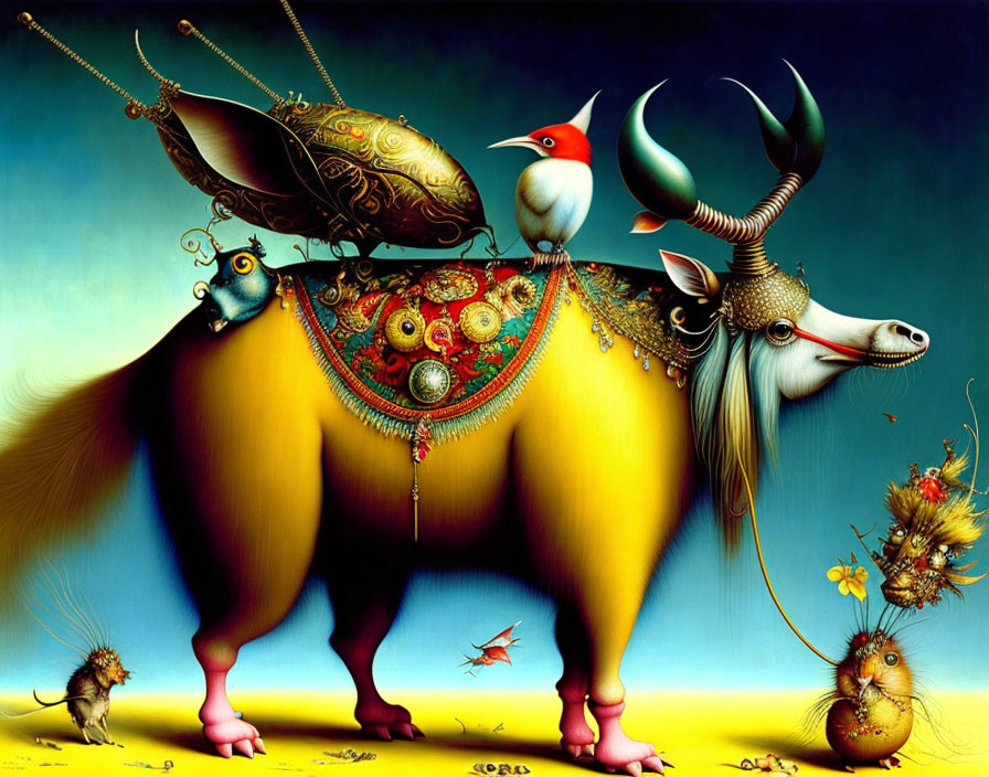 Colorful surreal painting: composite animal with bull, horse, bird elements, ornate decorations, whims