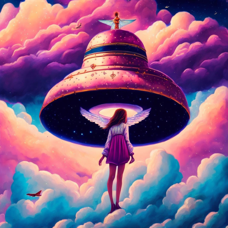 Colorful UFO with angelic figure in vibrant sky