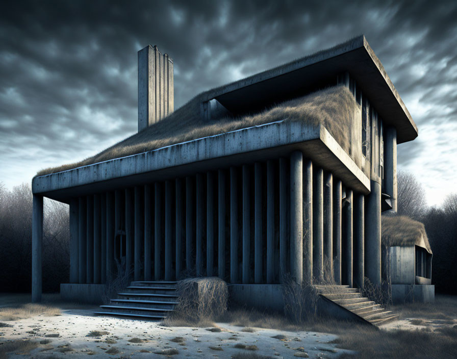 Brutalist-style building with concrete pillars in desolate landscape