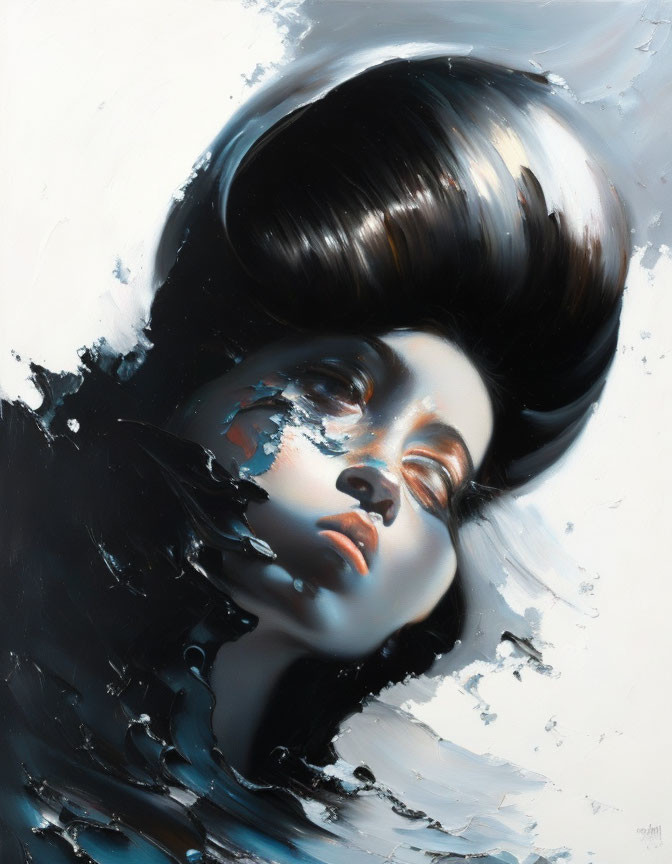 Exaggerated surreal portrait of a woman with glossy features