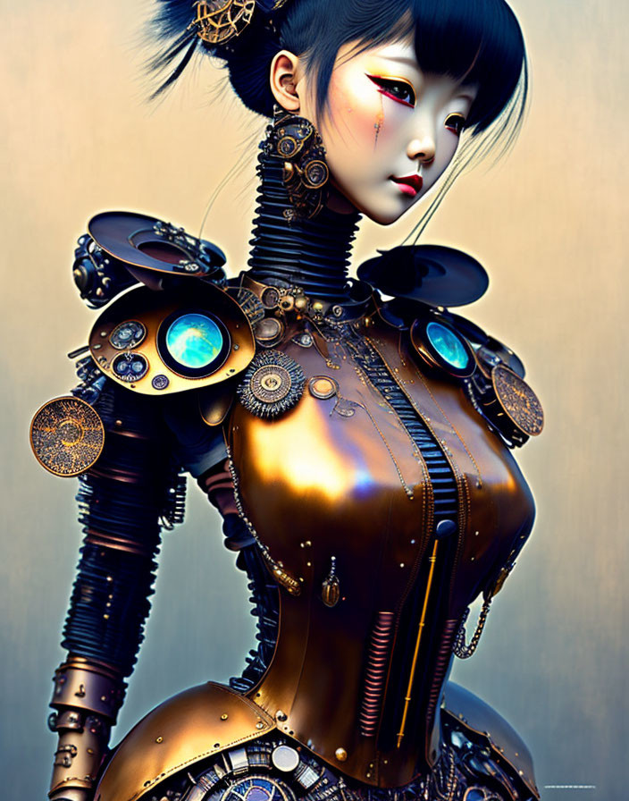 Steampunk robotic woman illustration with intricate mechanical details