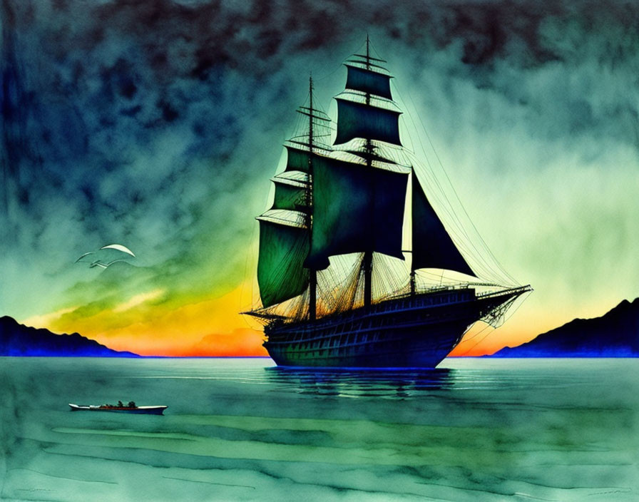 Sailing ship painting with sunset sky, rowboat, and bird