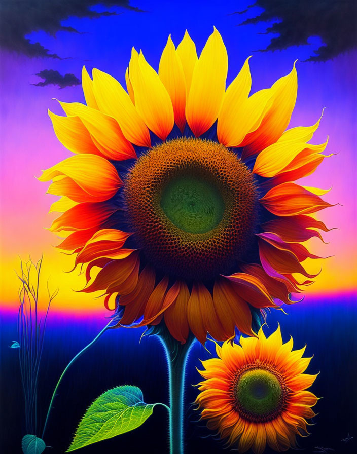 Colorful painting: Two sunflowers in twilight sky with purple, pink, and orange hues. Domin