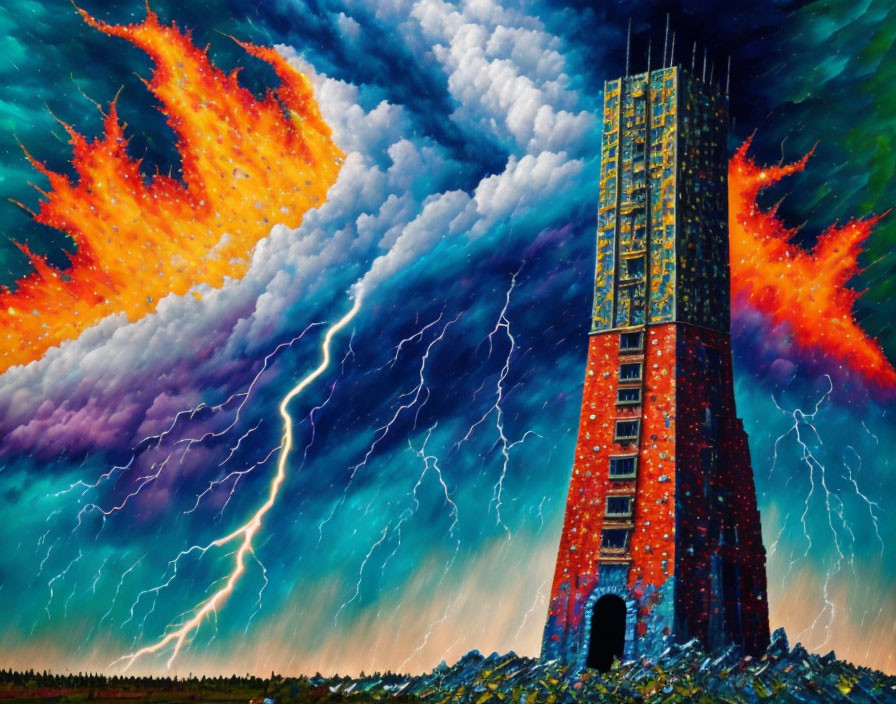 Colorful skyscraper painting under stormy sky with lightning bolts