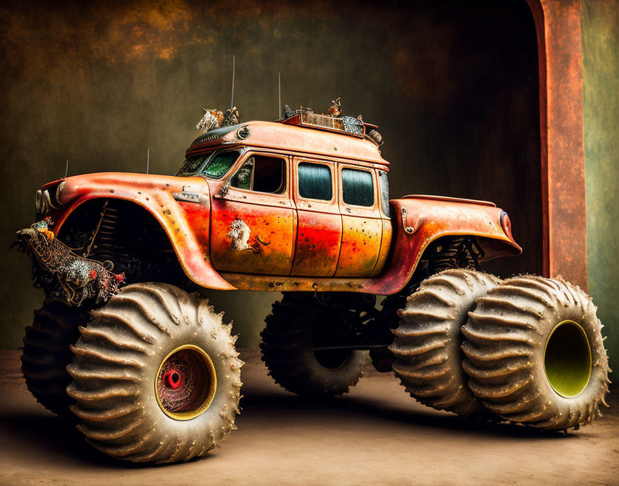 Vintage Car with Oversized Tires and Decorative Chickens in Studio Setting