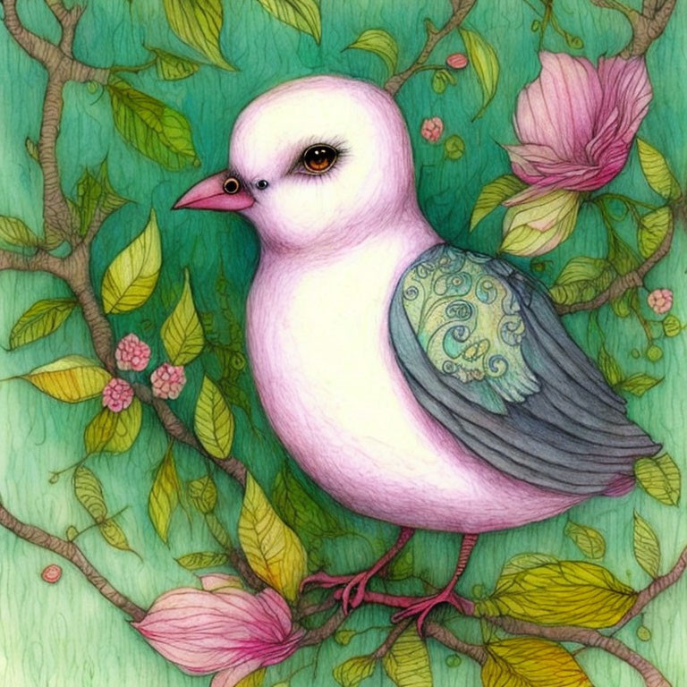 Stylized white bird with pink beak on branch among green leaves and pink flowers