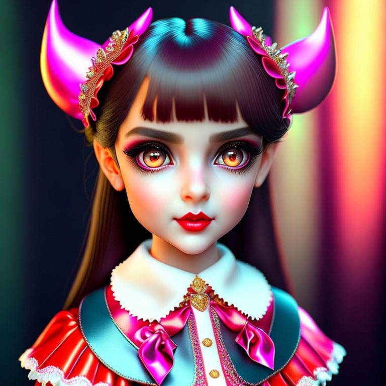 Colorful digital artwork: girl with large eyes, pink devil horns, ruffled collar, vibrant outfit