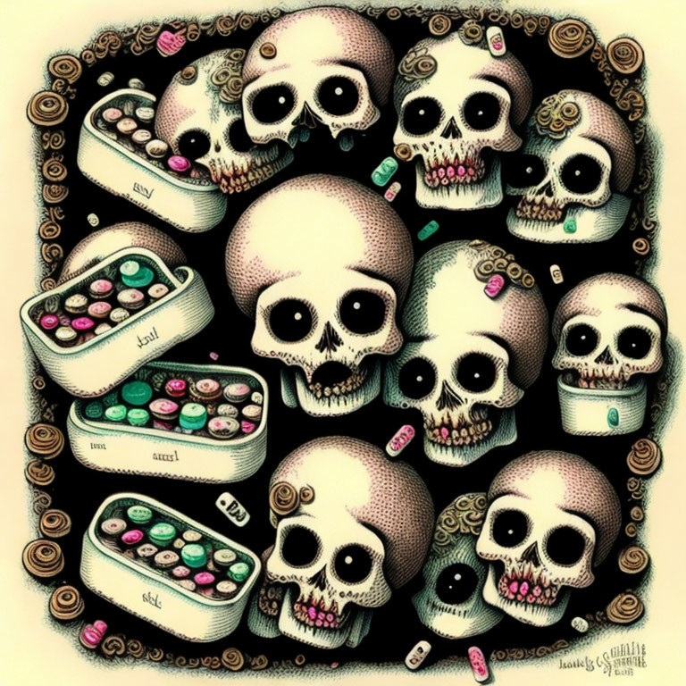 Dark and whimsical skull illustration with pills and pillboxes