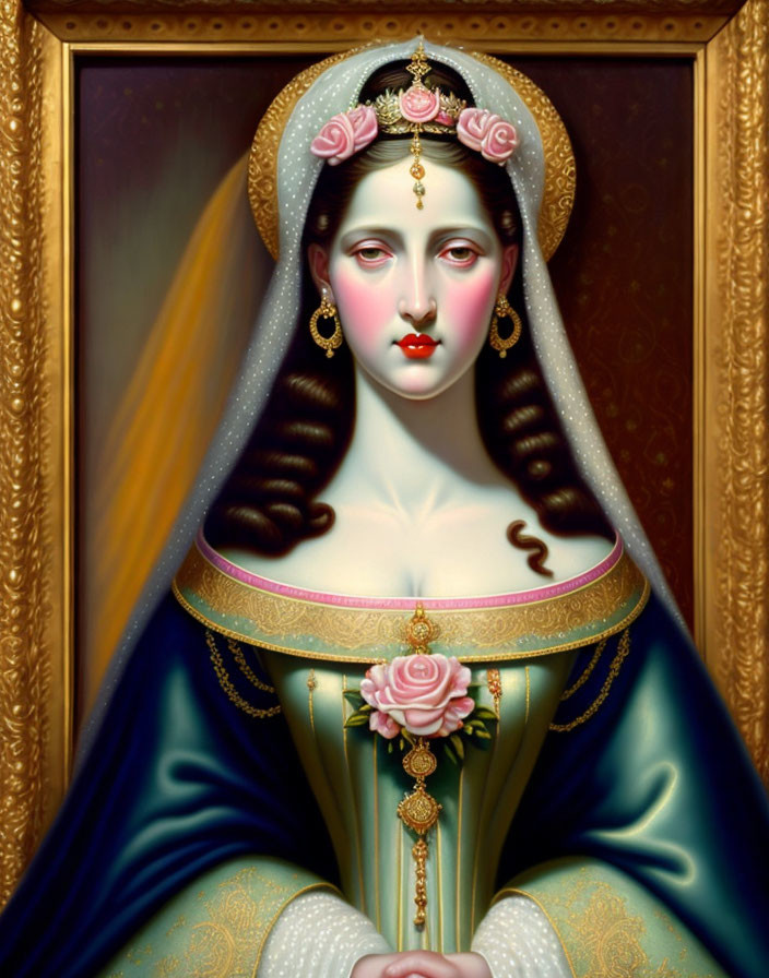 Portrait of woman in blue and gold gown with pink rose and ornate jewelry