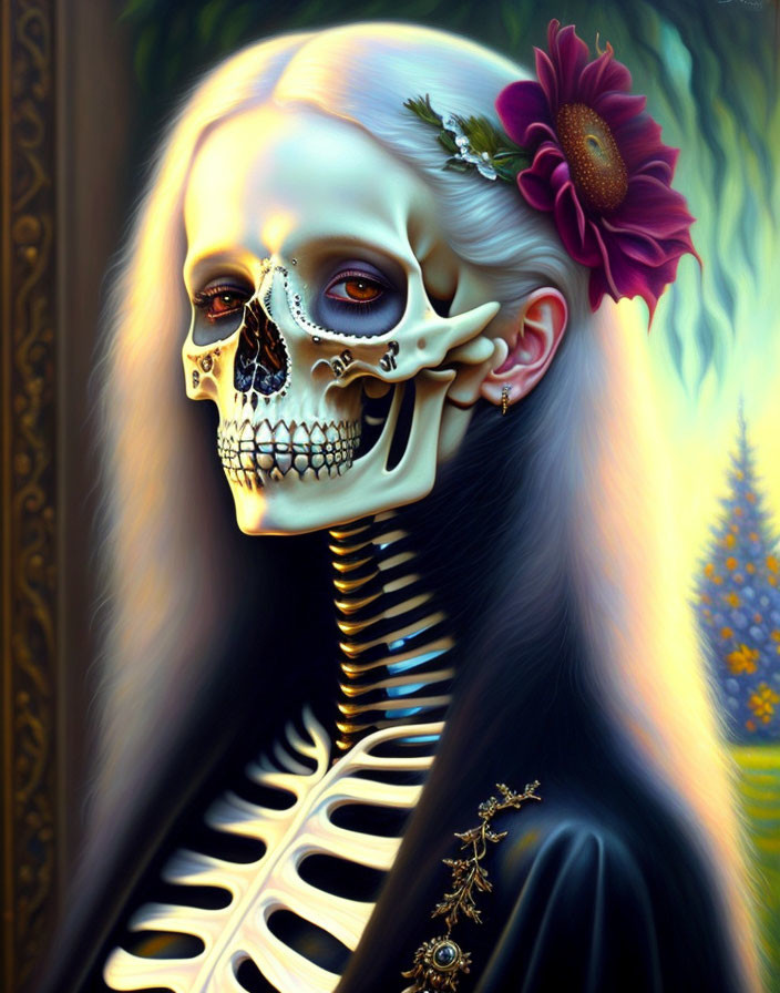 Surreal portrait: Human skeleton merges with living woman, featuring Day of the Dead themes