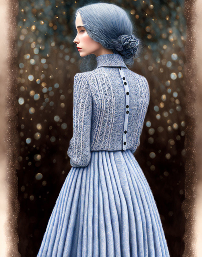 Detailed Victorian woman illustration in blue dress with lacework and rose hair bun on bokeh background