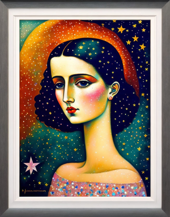 Vibrant painting of a woman with starry night sky hair in silver frame