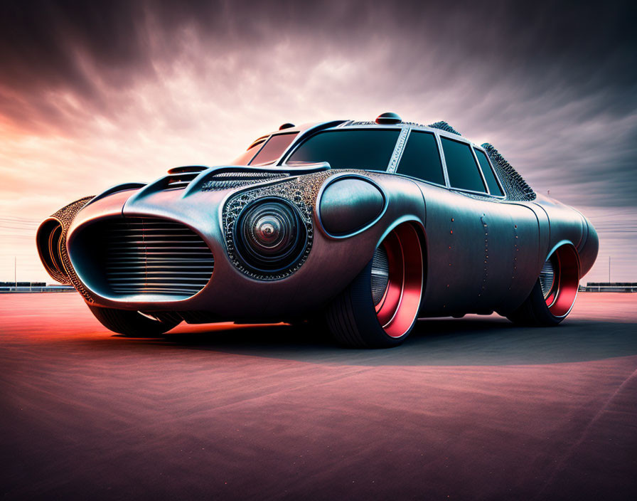 Futuristic car with sleek curves under dramatic twilight sky